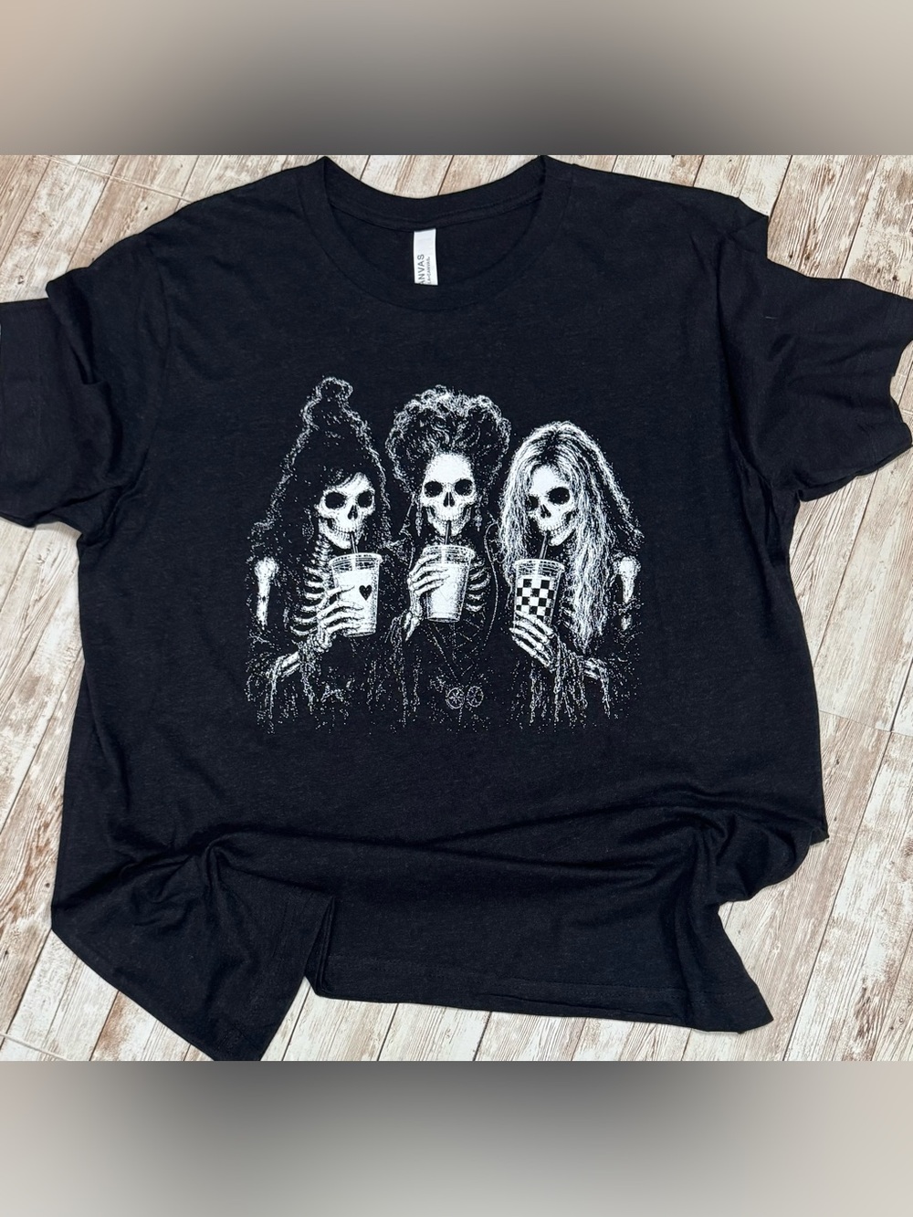 Black Short-Sleeve Tee with White Skeleton Hocus Pocus Trio